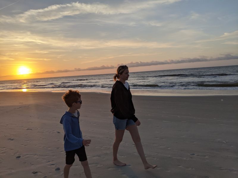 Mother-Son Beach Walk at Sunrise